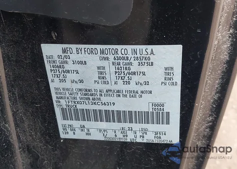 2003 Ford F-150 Lariat/Xl/Xlt from USA, damaged, VIN 1FTRX07L13KC56319